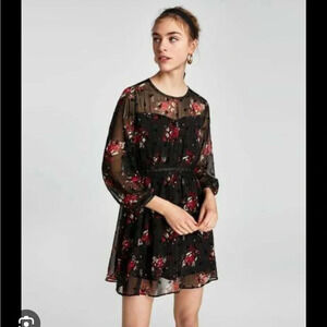 ZARA FLORAL LONG SLEEVE LACE DRESS